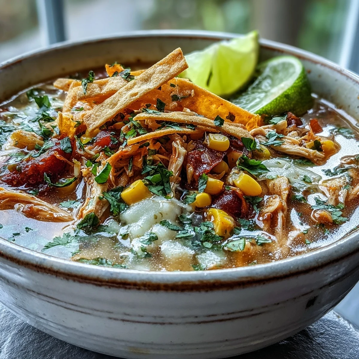 Steaming bowl of Best Chicken Tortilla Soup topped with crispy tortilla strips, creamy avocado, and fresh cilantro.
