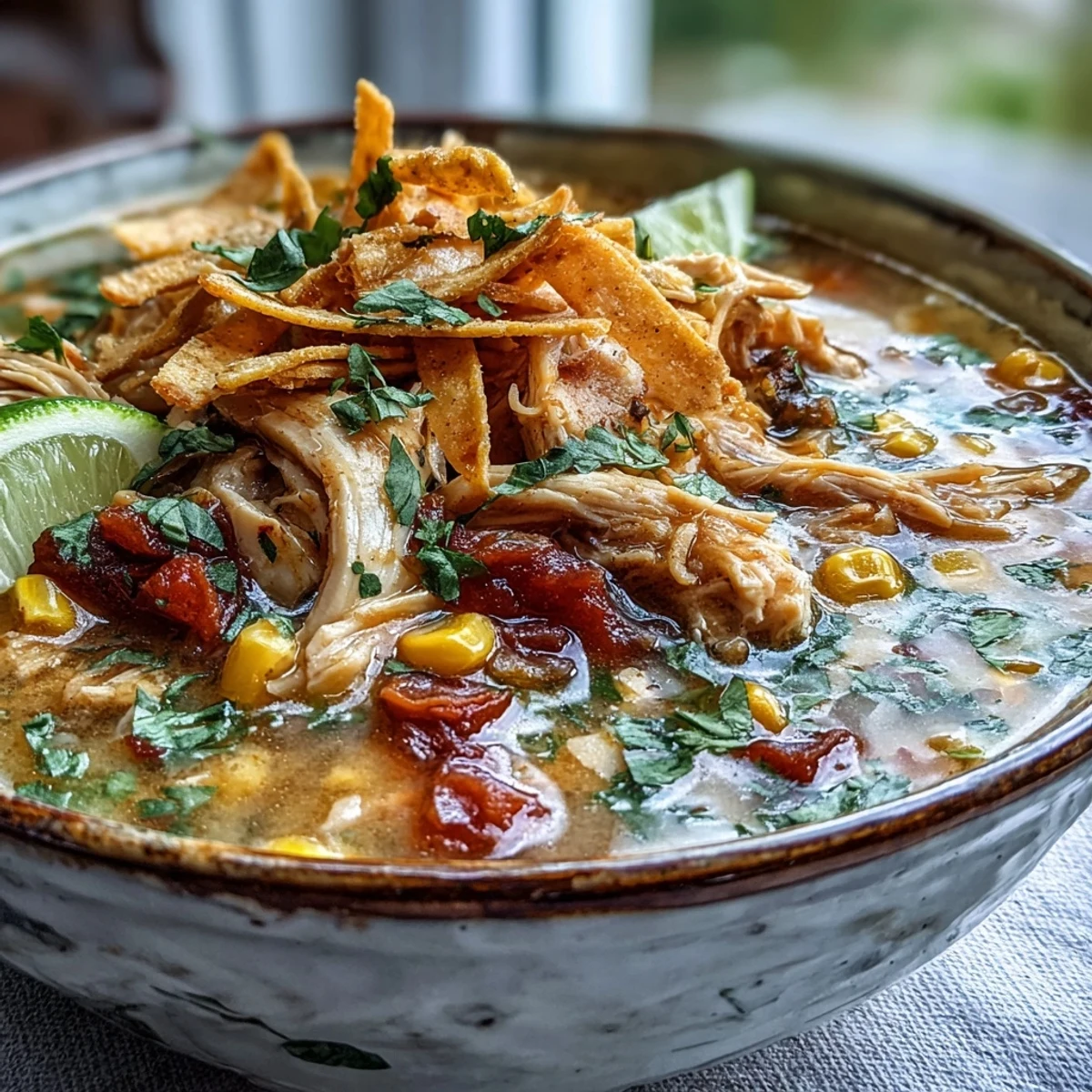 Close-up of Best Chicken Tortilla Soup with shredded chicken, fire-roasted tomatoes, and colorful vegetables in a rich broth.