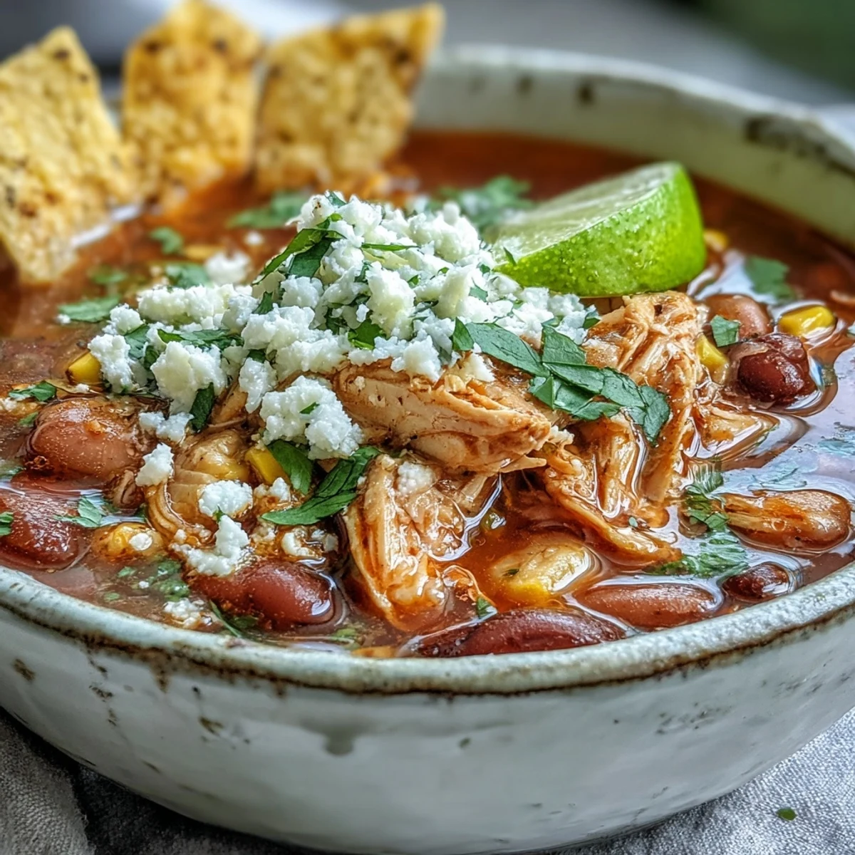 Hot Chicken Tortilla Soup with crispy corn tortilla strips, fresh cilantro, cotija cheese, and a lime wedge for squeezing.