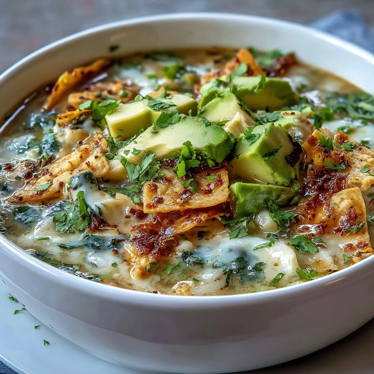 Creamy Chicken Tortilla Soup features tender shredded chicken in a rich salsa verde broth with diced avocado and crunchy tortilla chips.
