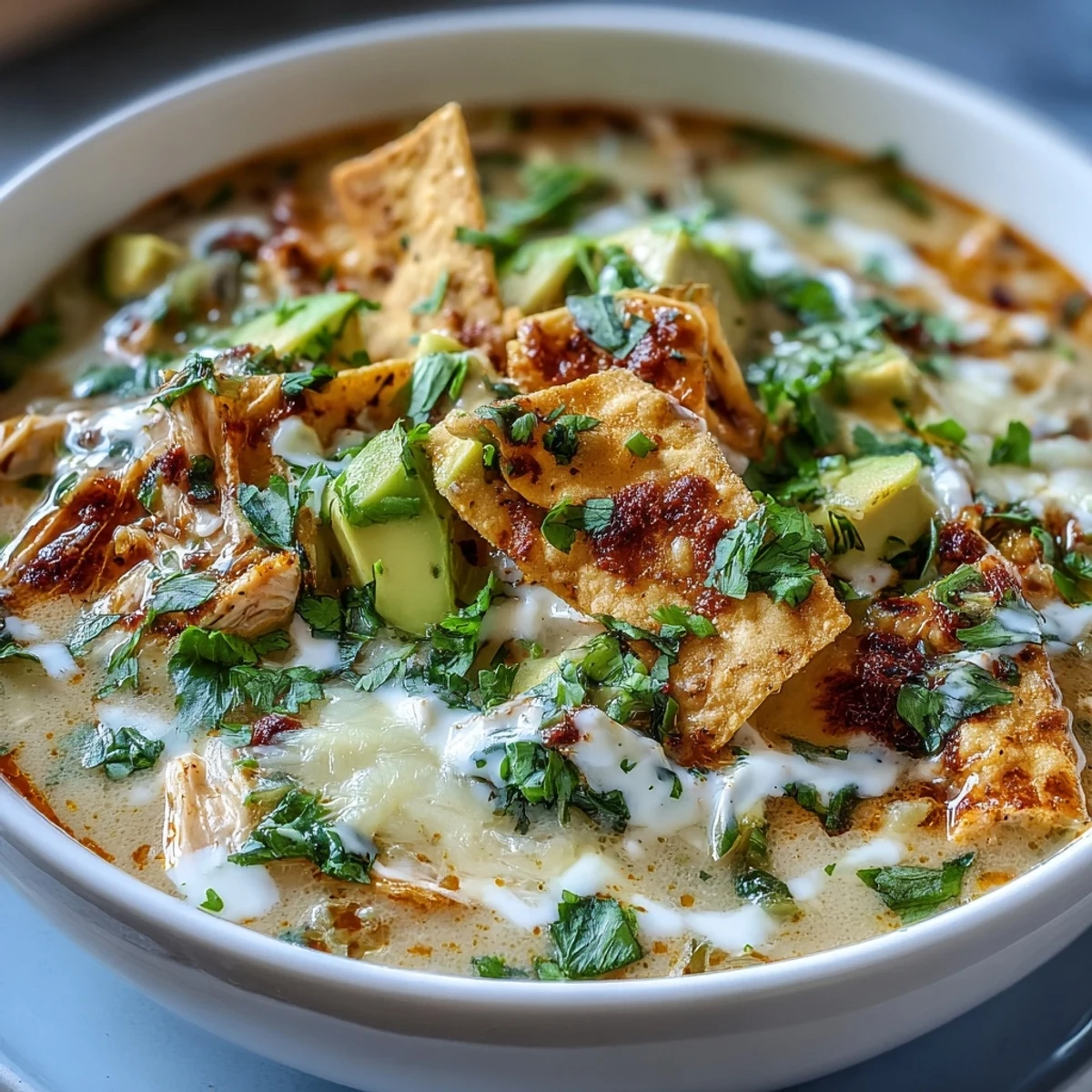 A close-up of Creamy Chicken Tortilla Soup shows creamy avocado, crispy tortilla chips, and melted cheese in a vibrant green broth.