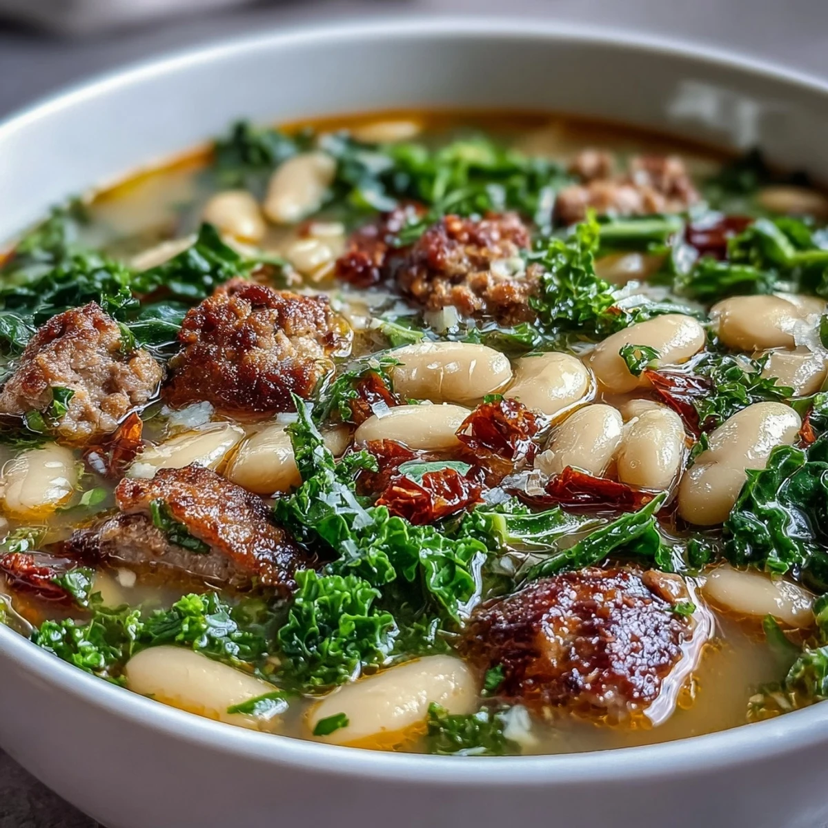 Italian White Bean Soup with Kale and Sausage in a rustic bowl, topped with grated Parmesan, fresh kale, and a slice of crusty bread for dipping.