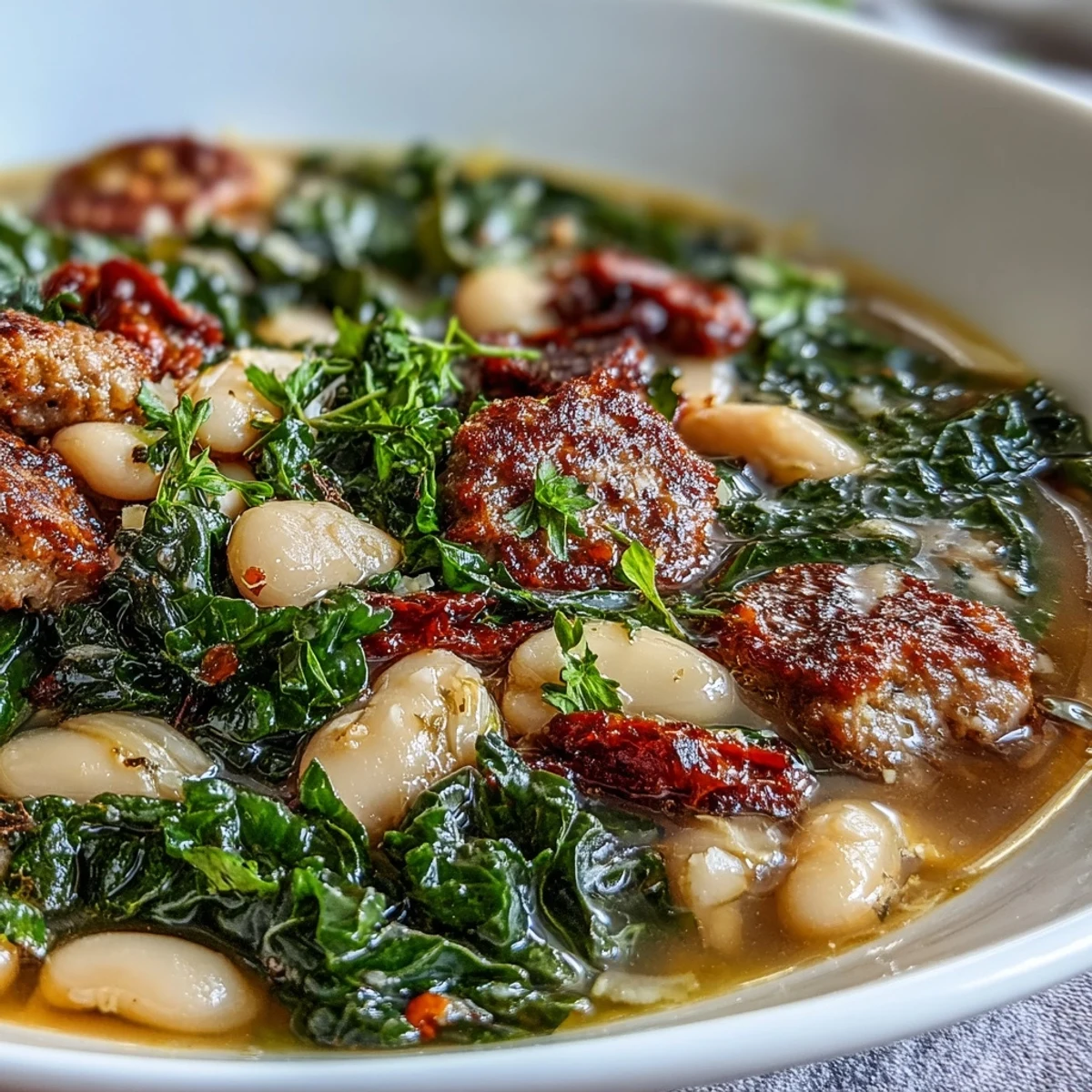 Steaming Italian White Bean Soup with Kale and Sausage reveals crumbled spicy sausage, creamy cannellini beans, and vibrant green Tuscan kale leaves.