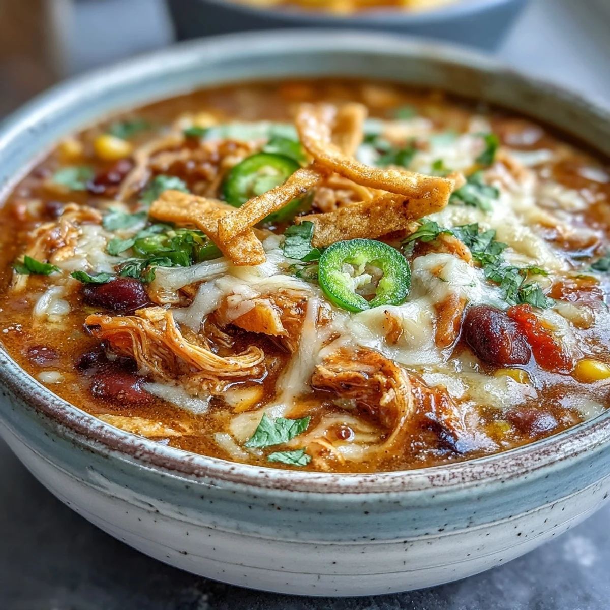Steaming bowl of Easy Chicken Tortilla Soup garnished with melted cheddar, cilantro, and crispy tortilla strips.