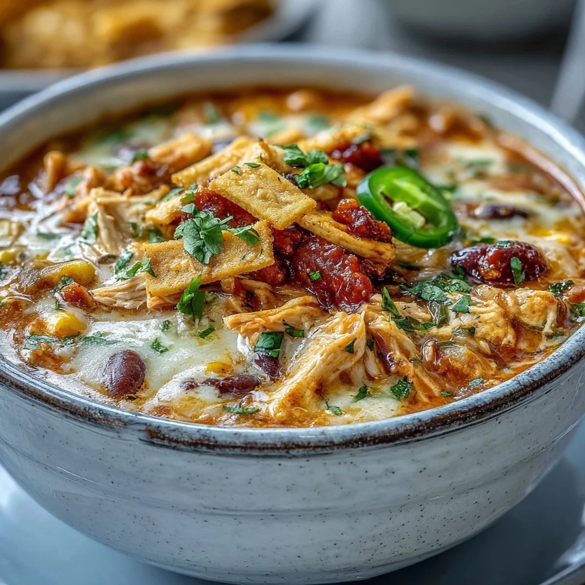 Hearty Tex-Mex Easy Chicken Tortilla Soup topped with jalapeños, cheese, and crunchy corn tortilla strips.