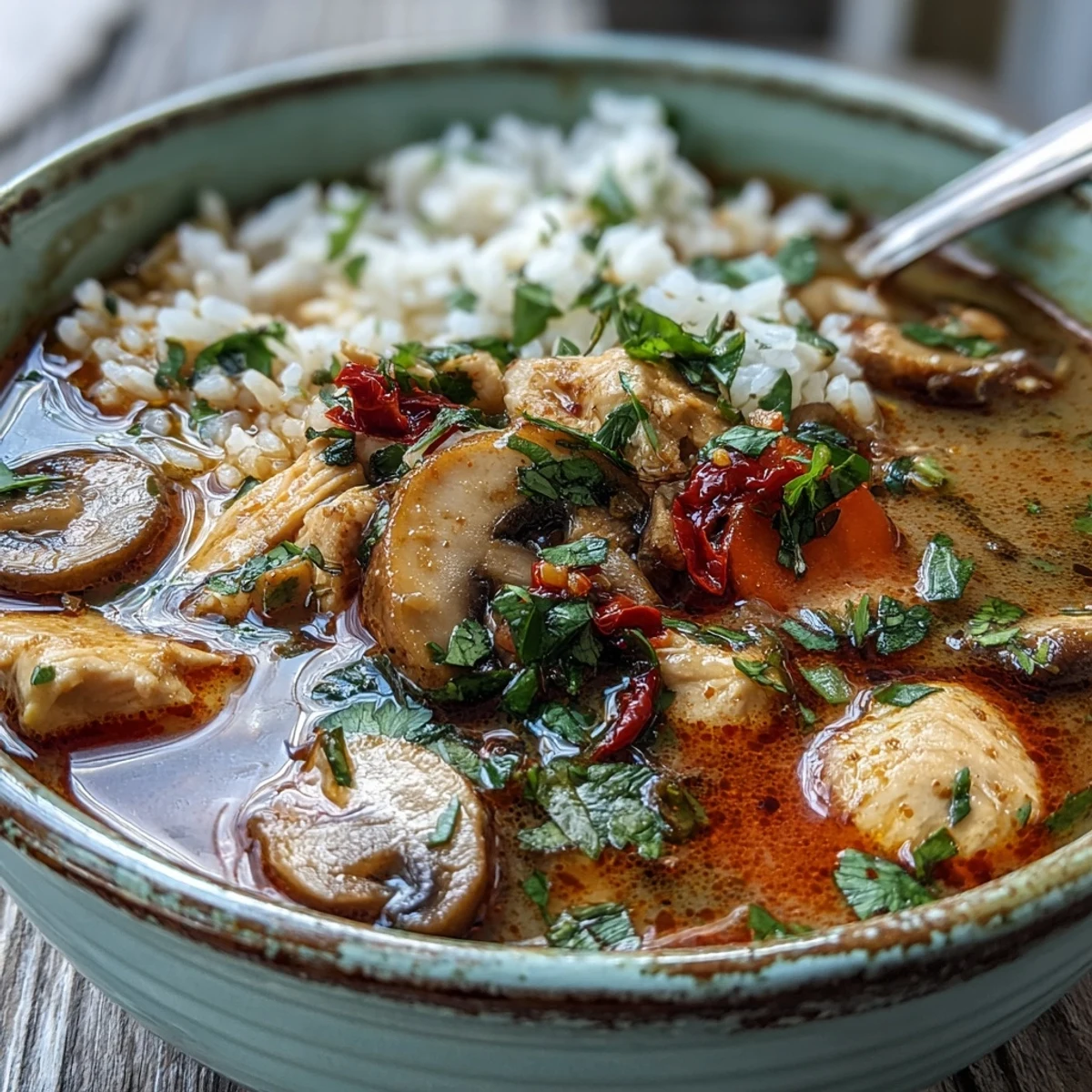 Creamy Thai Coconut Curry Soup with tender chicken, mushrooms, and carrots, garnished with cilantro and lime wedges in a white bowl.