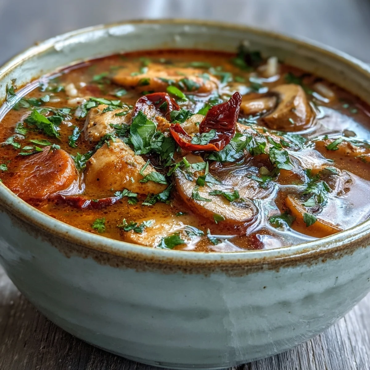 Steaming Thai Coconut Curry Soup featuring jasmine rice, red curry broth, and fresh garnishes, served as a cozy main dish for four.