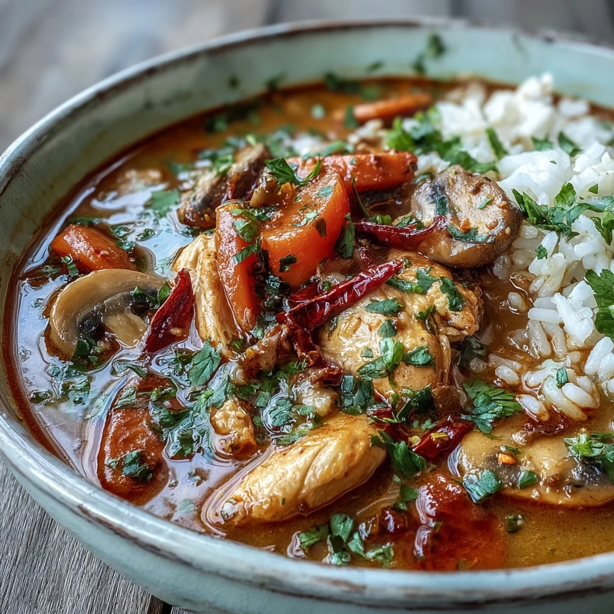 A close-up of Thai Coconut Curry Soup with coconut milk, vegetables, and herbs, showcasing a fragrant, gluten-free weeknight dinner option.