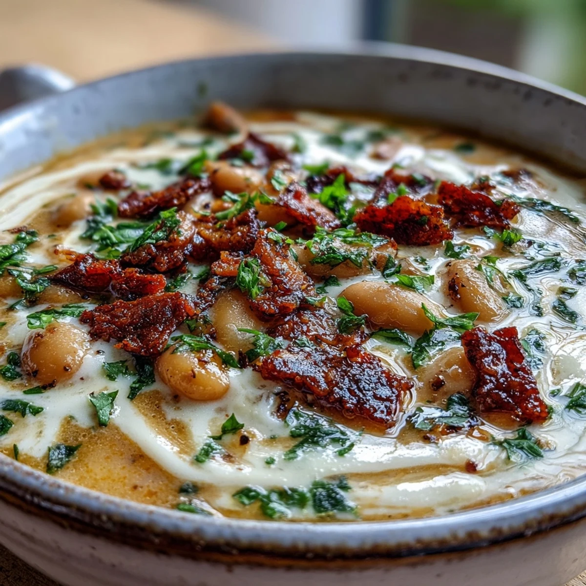 Creamy Tuscan White Bean Soup with crispy pancetta and melted Parmesan in a rustic ceramic bowl.