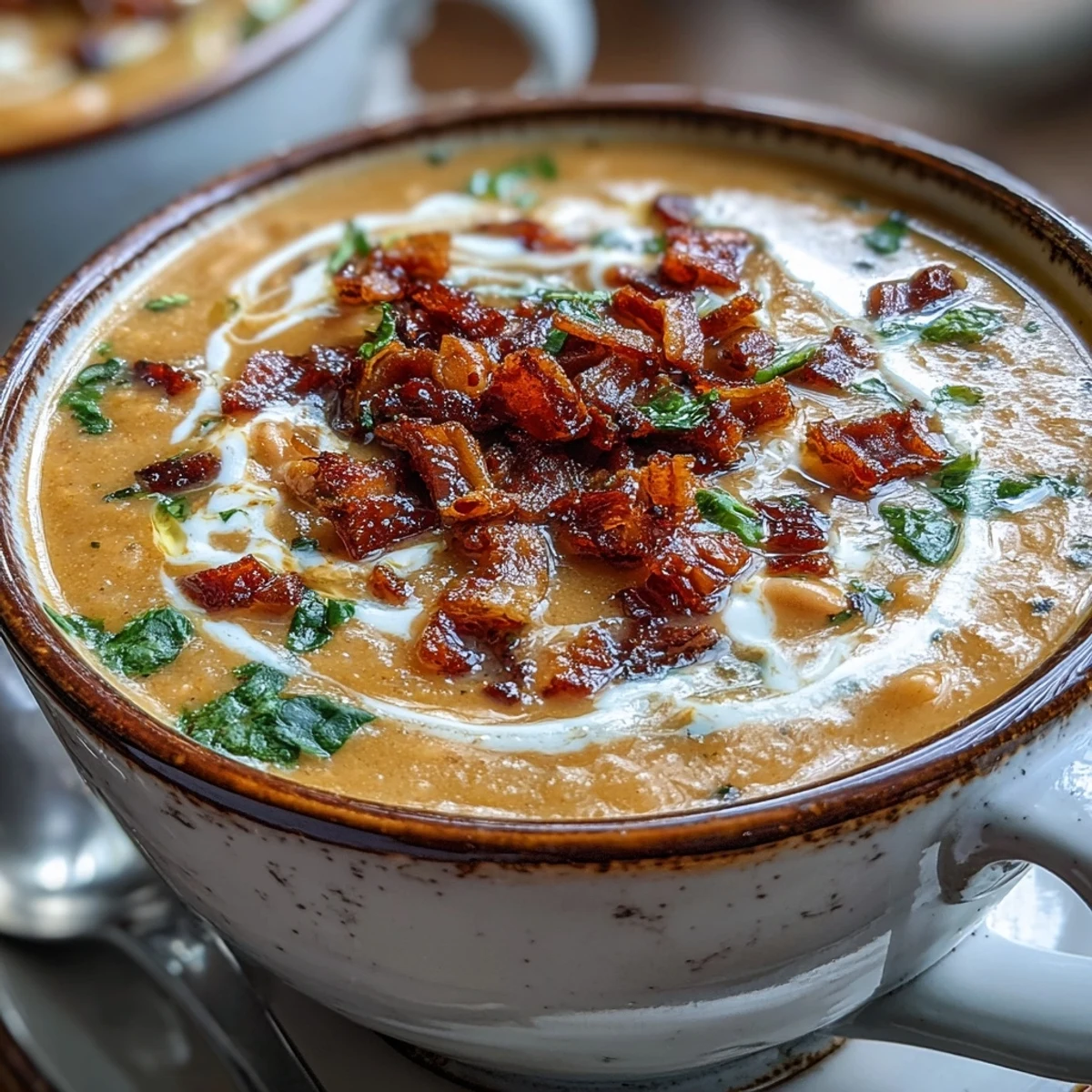 Warm Creamy Tuscan White Bean Soup in a white bowl, drizzled with olive oil and herbs.