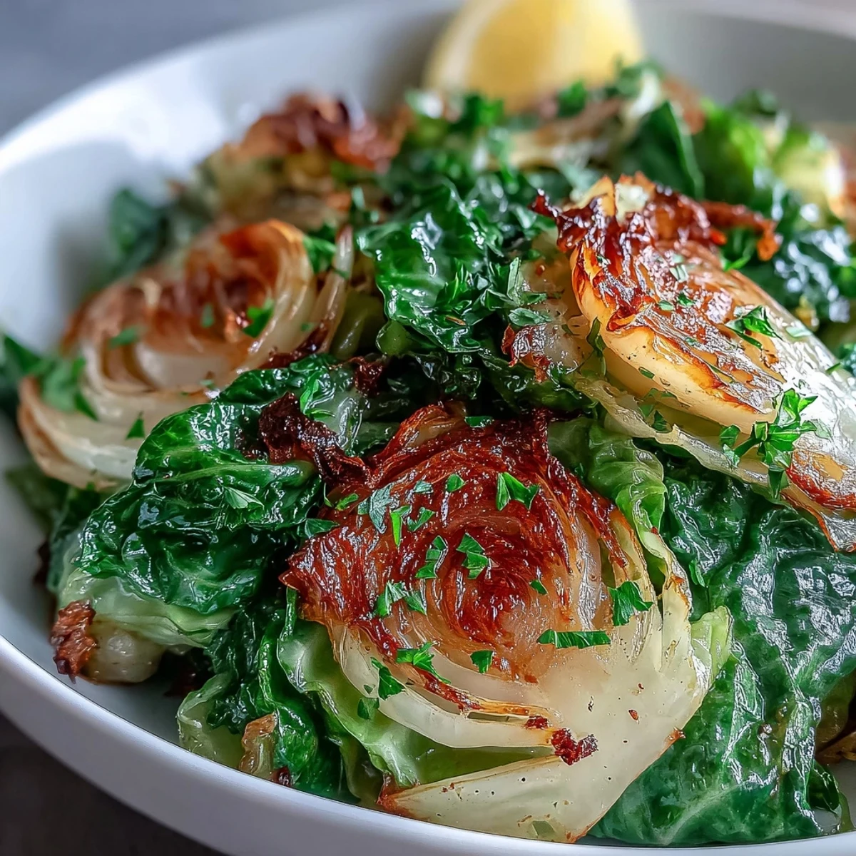 Bright green sautéed cabbage with garlic and Mediterranean spices, garnished with fresh parsley and served with lemon wedges.