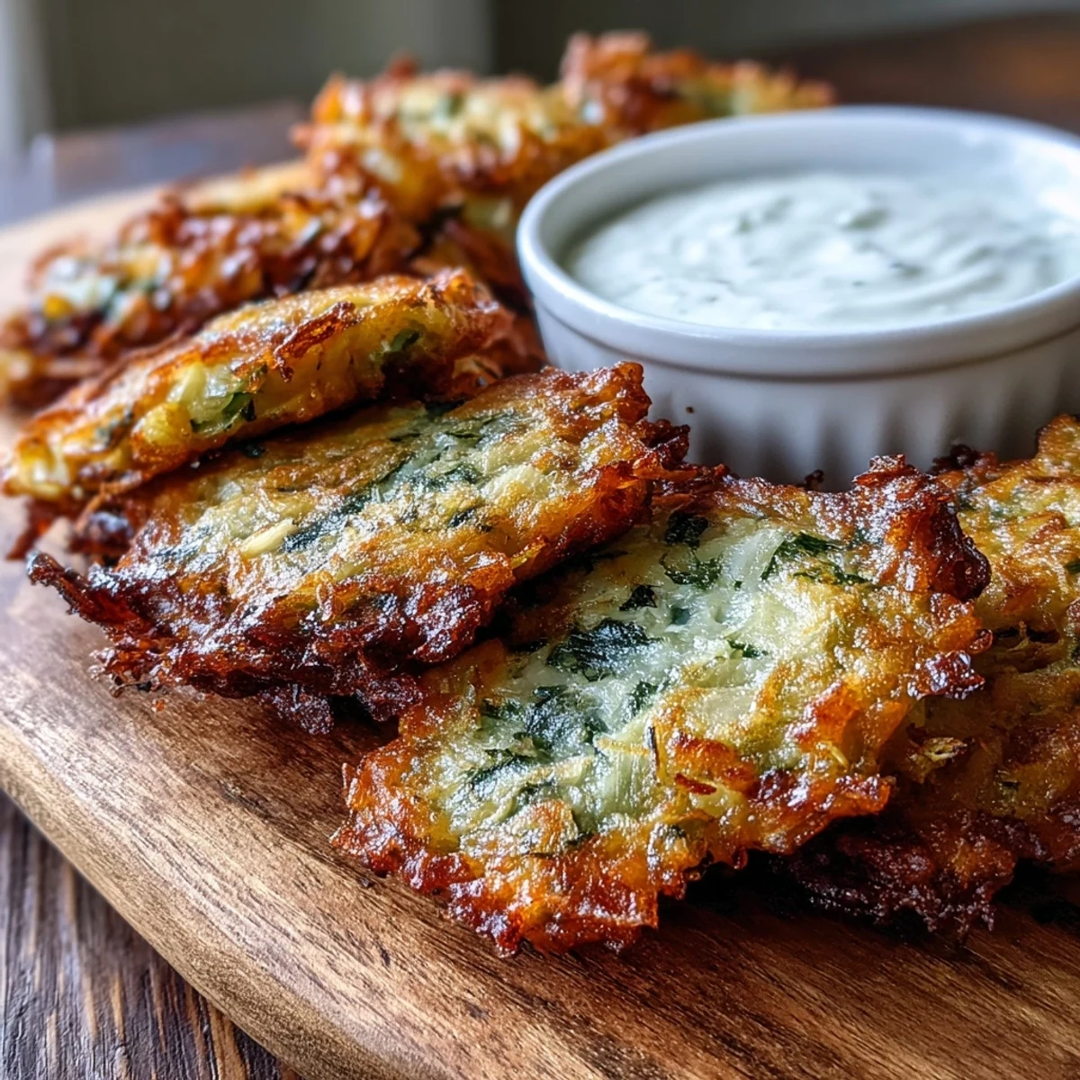 Freshly fried Cabbage Fritters With Dipping Sauce served warm on a rustic wooden table with lemon wedges.