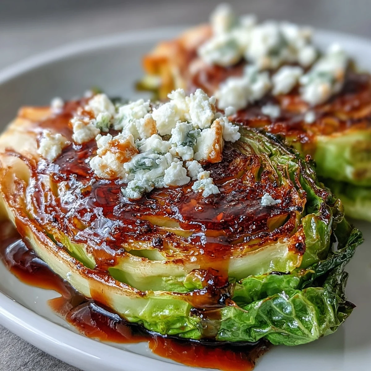 Four thick Crispy Cabbage Steaks With Feta and Balsamic roast to golden perfection, topped with creamy crumbled feta and glossy balsamic glaze.