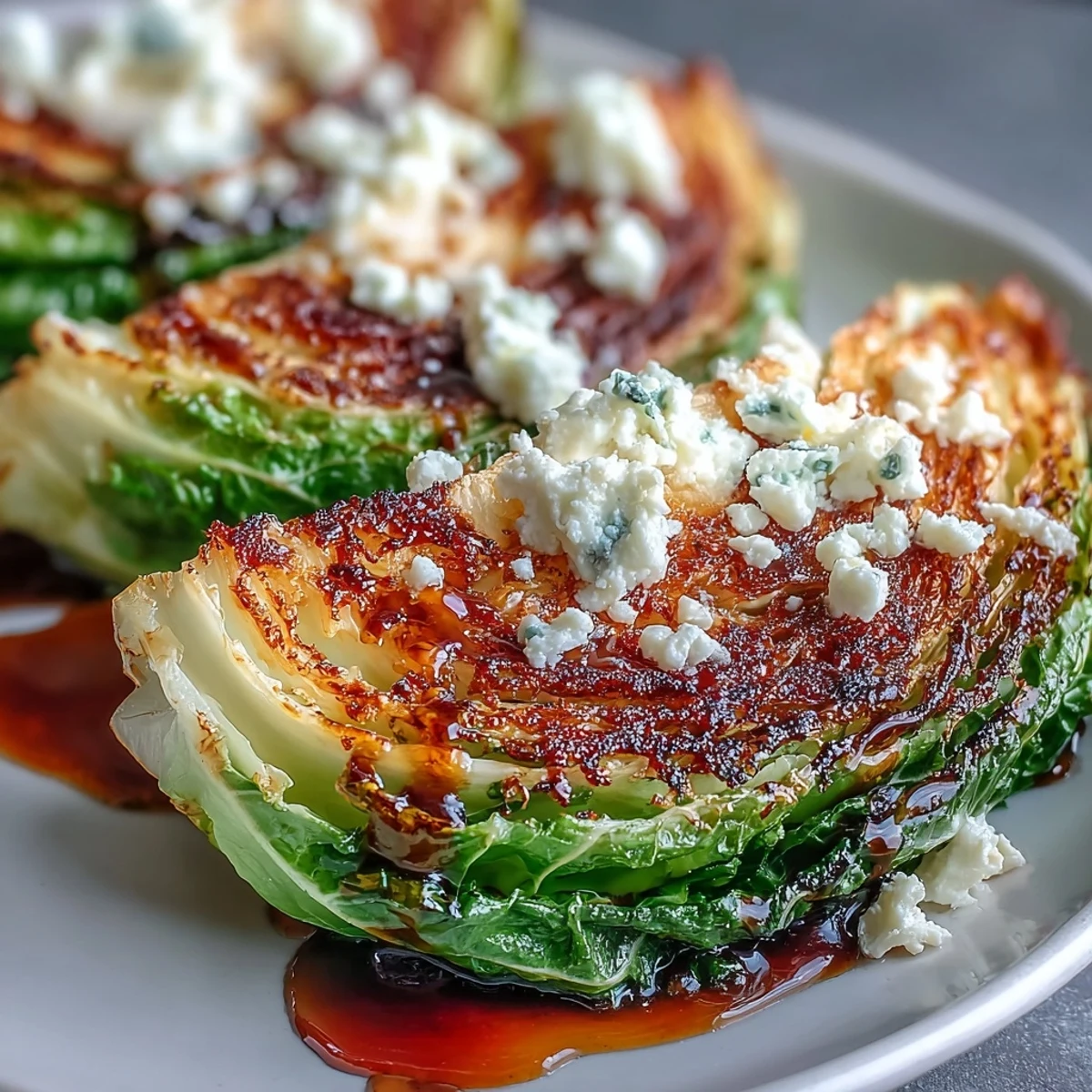 Roasted Crispy Cabbage Steaks With Feta and Balsamic on a white plate, garnished with fresh parsley and lemon zest for a vibrant Mediterranean side.