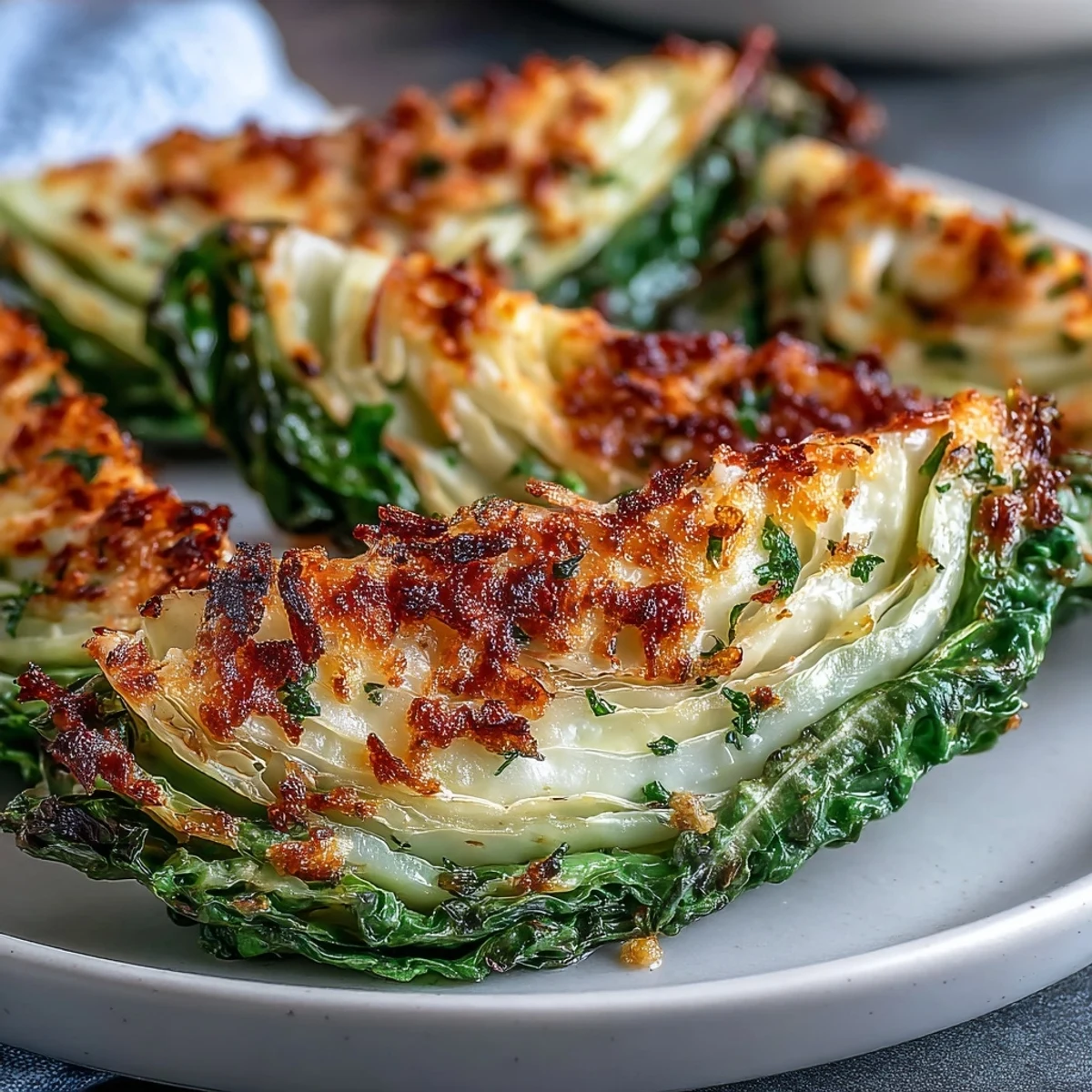 Golden roasted garlic parmesan cabbage wedges with crispy cheese edges, served warm as a savory side dish.