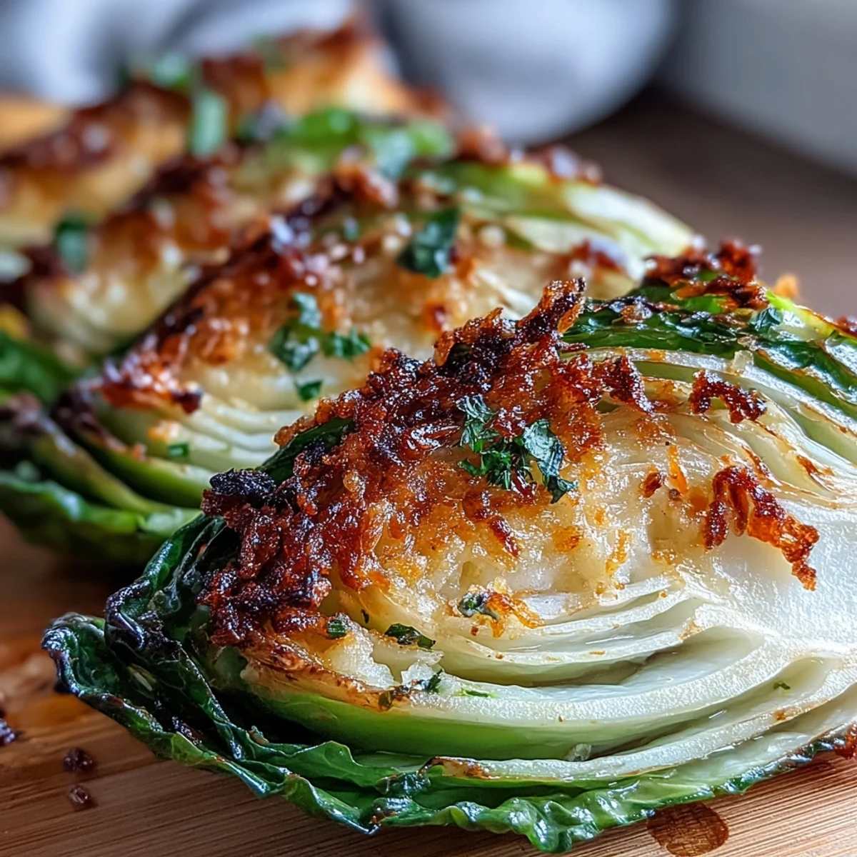 Freshly roasted garlic parmesan cabbage wedges plated next to grilled chicken for an easy vegetarian dinner.