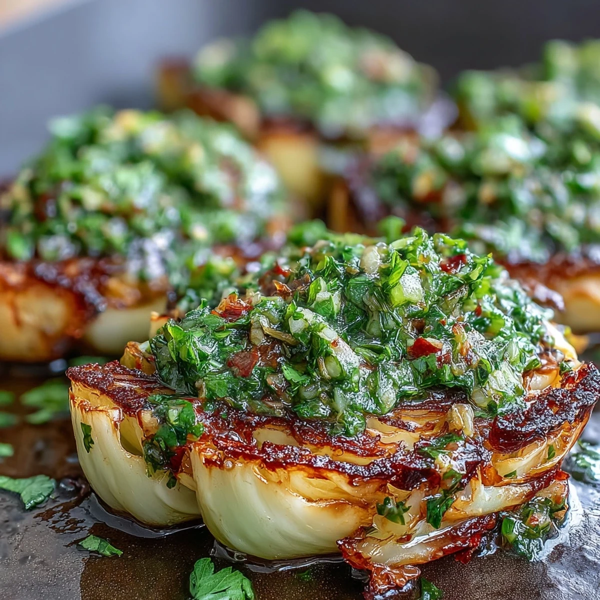 Golden roasted Cabbage Steaks With Jalapeño Chimichurri, crispy edges topped with vibrant green herby sauce.