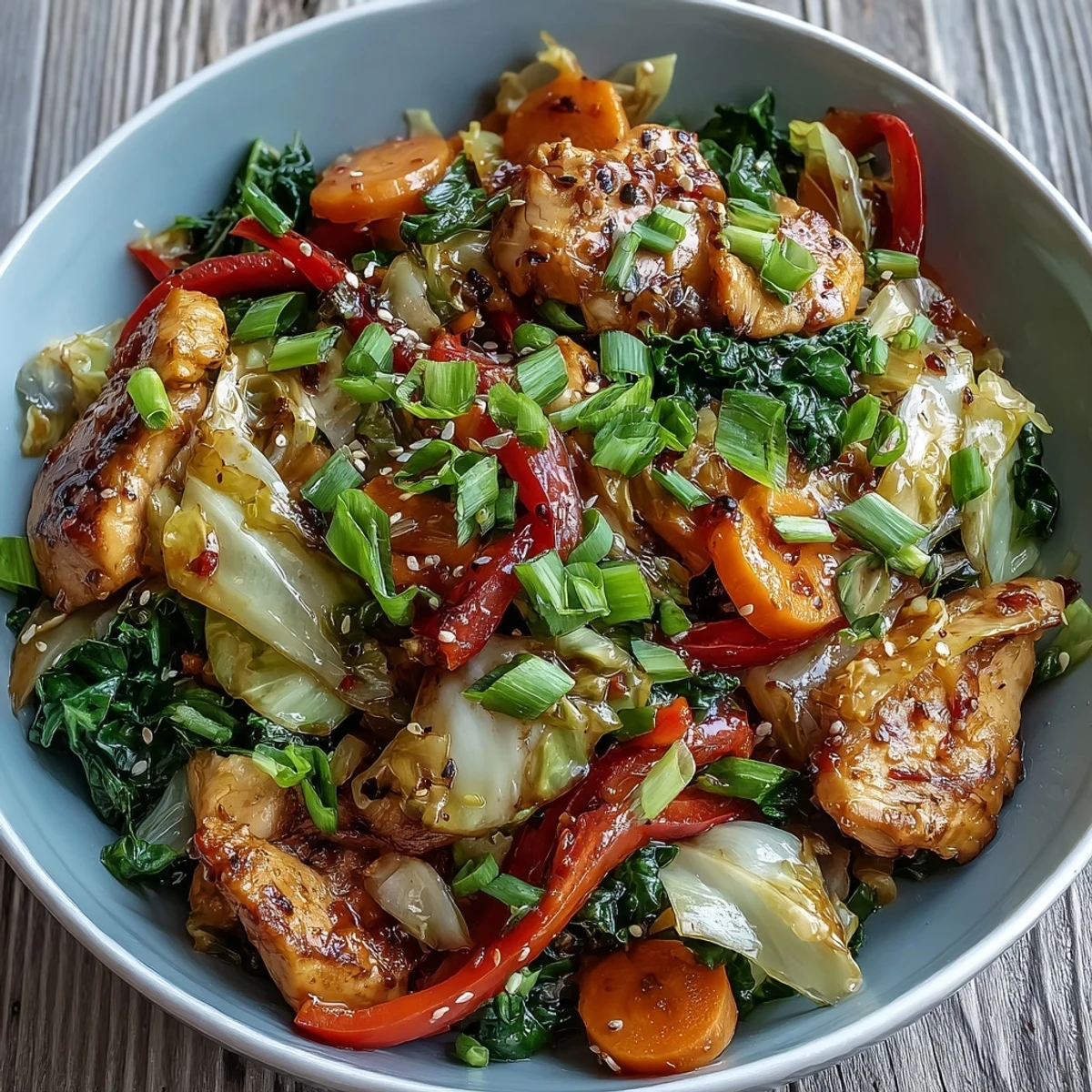 A close-up of Chicken Cabbage Stir-Fry featuring tender chicken and crisp vegetables glistening in a rich, savory sauce.