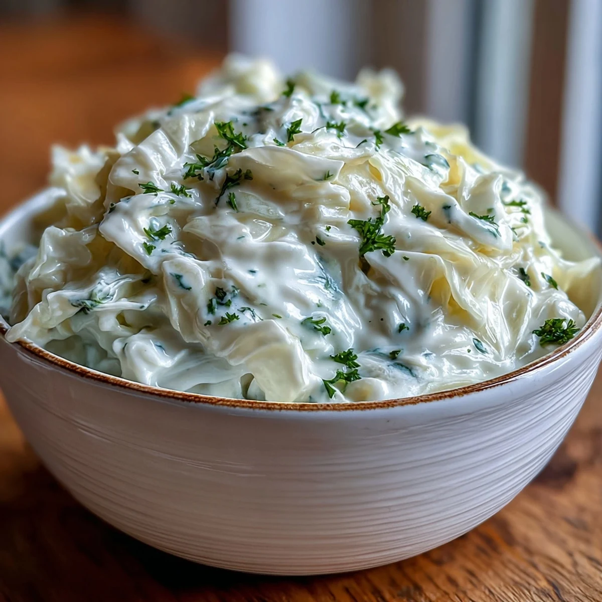 Creamy sautéed Creamed Cabbage with tender green leaves and sautéed onions in a velvety white sauce.