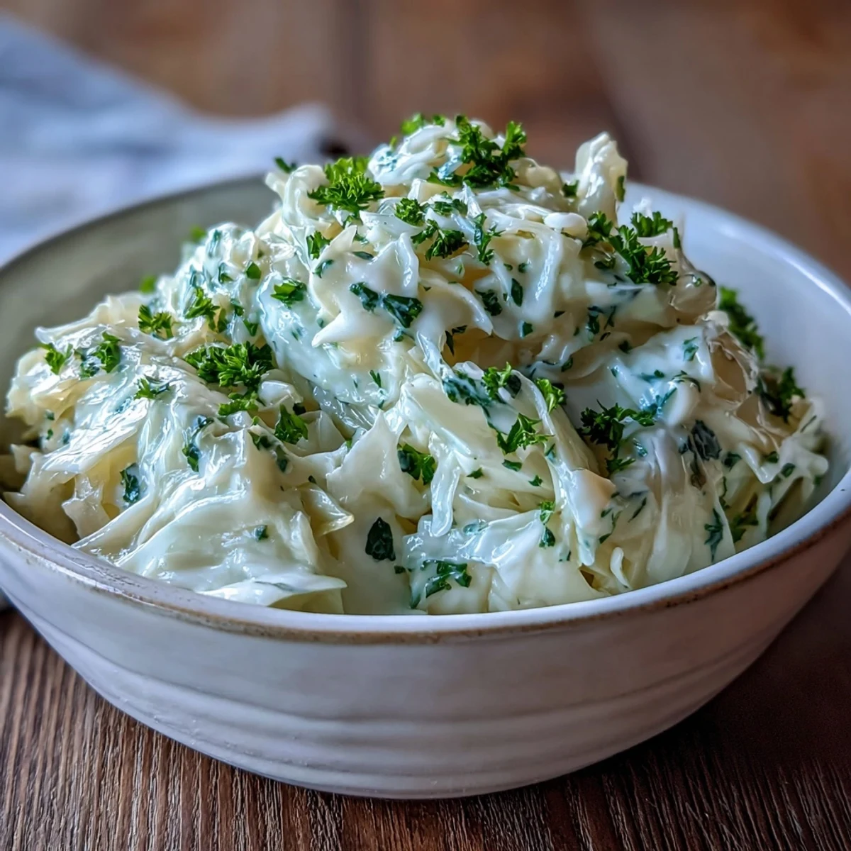 Freshly chopped parsley garnishes this warm Creamed Cabbage side dish, served alongside roasted chicken on a rustic plate.