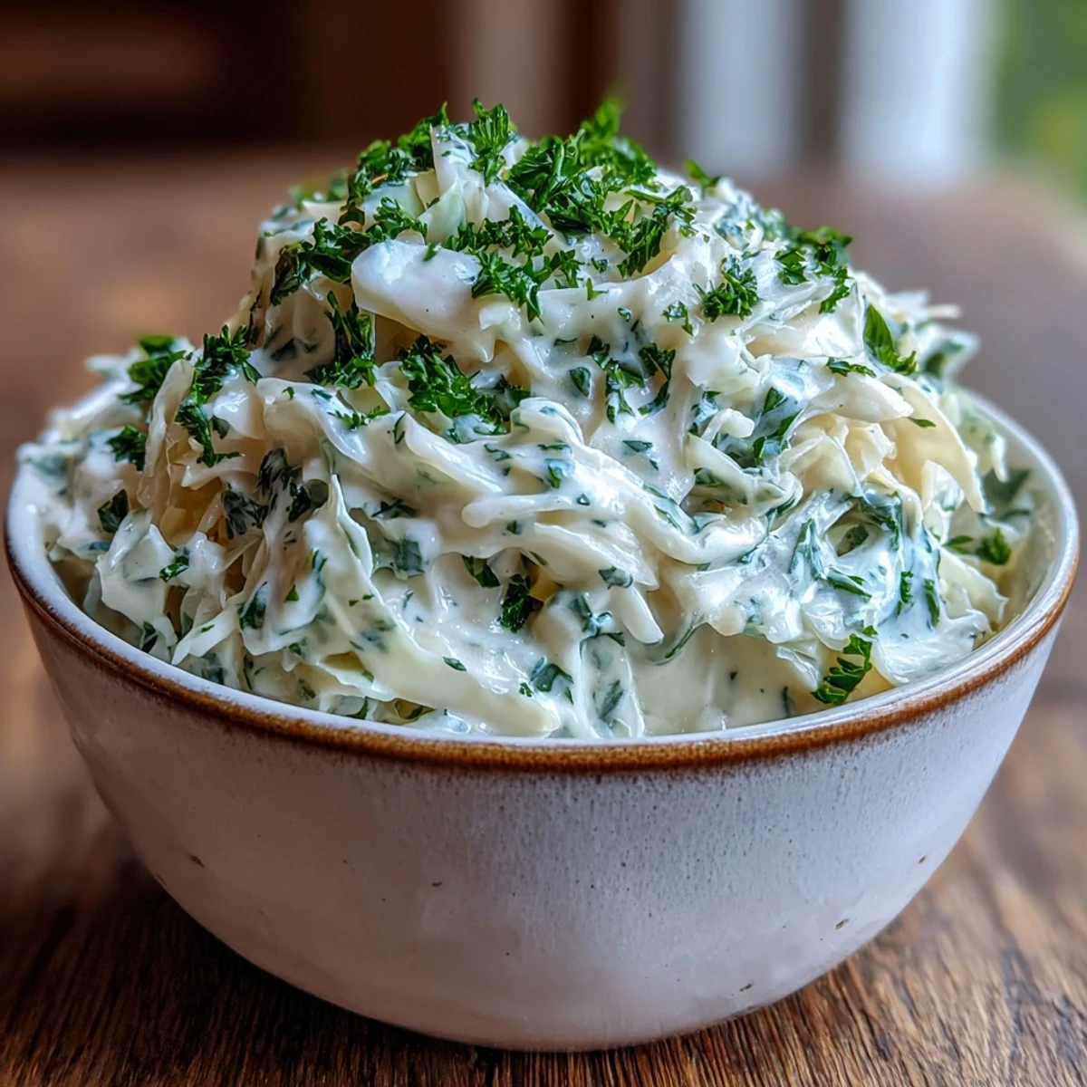 A close-up of silky Creamed Cabbage, steaming and glistening with creamy sauce, paired with crusty bread for dipping.