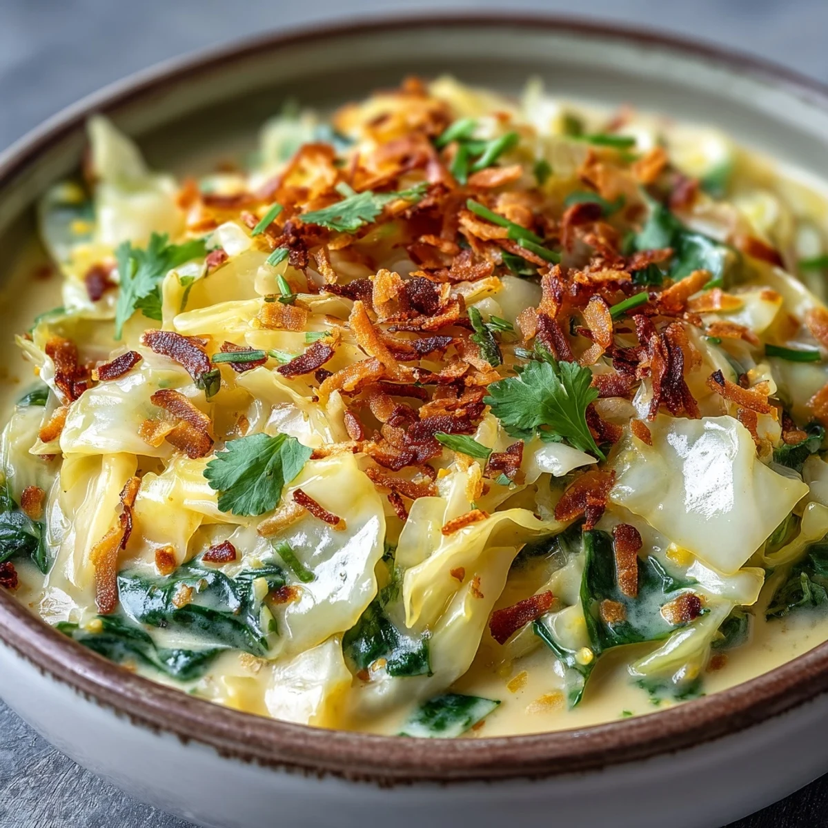 Fork-tender Coconut Braised Cabbage glistens with rich sauce, garnished with fresh cilantro and flaky coconut beside fluffy rice.