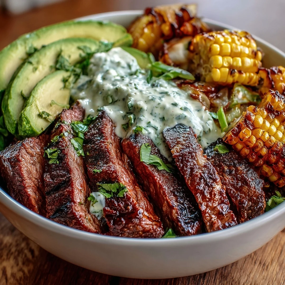 Charred corn and sliced steak sit over rice in a vibrant bowl, drizzled with green cilantro cream sauce and topped with avocado. 