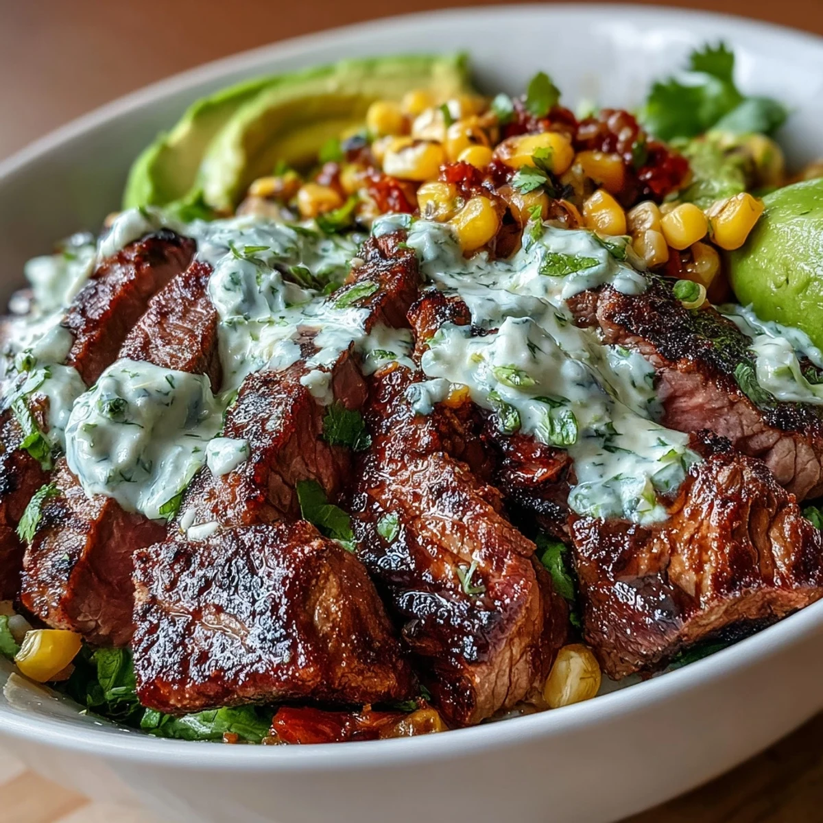 A hearty steak and roasted corn bowl features avocado, Cotija cheese, and a bright cilantro cream sauce drizzle.