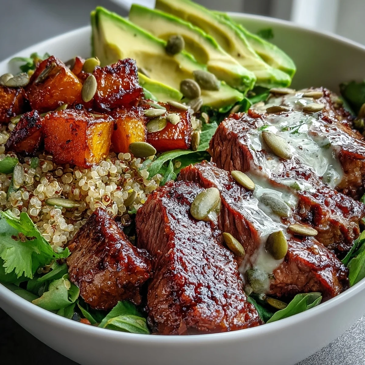 Golden roasted butternut squash steak bowls feature fluffy quinoa, vibrant greens, creamy avocado, and smoky sliced steak, all drizzled with a zesty lime-cilantro dressing.