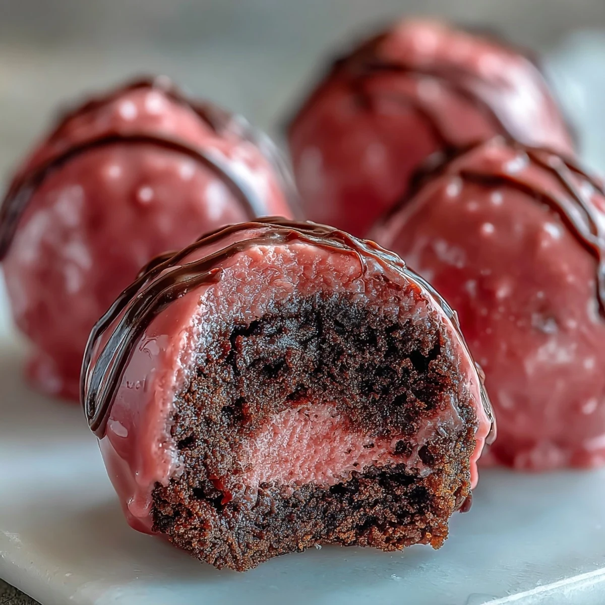 Bite-size Oreo Truffle Balls dipped in shiny pink candy coating served on a dessert tray.