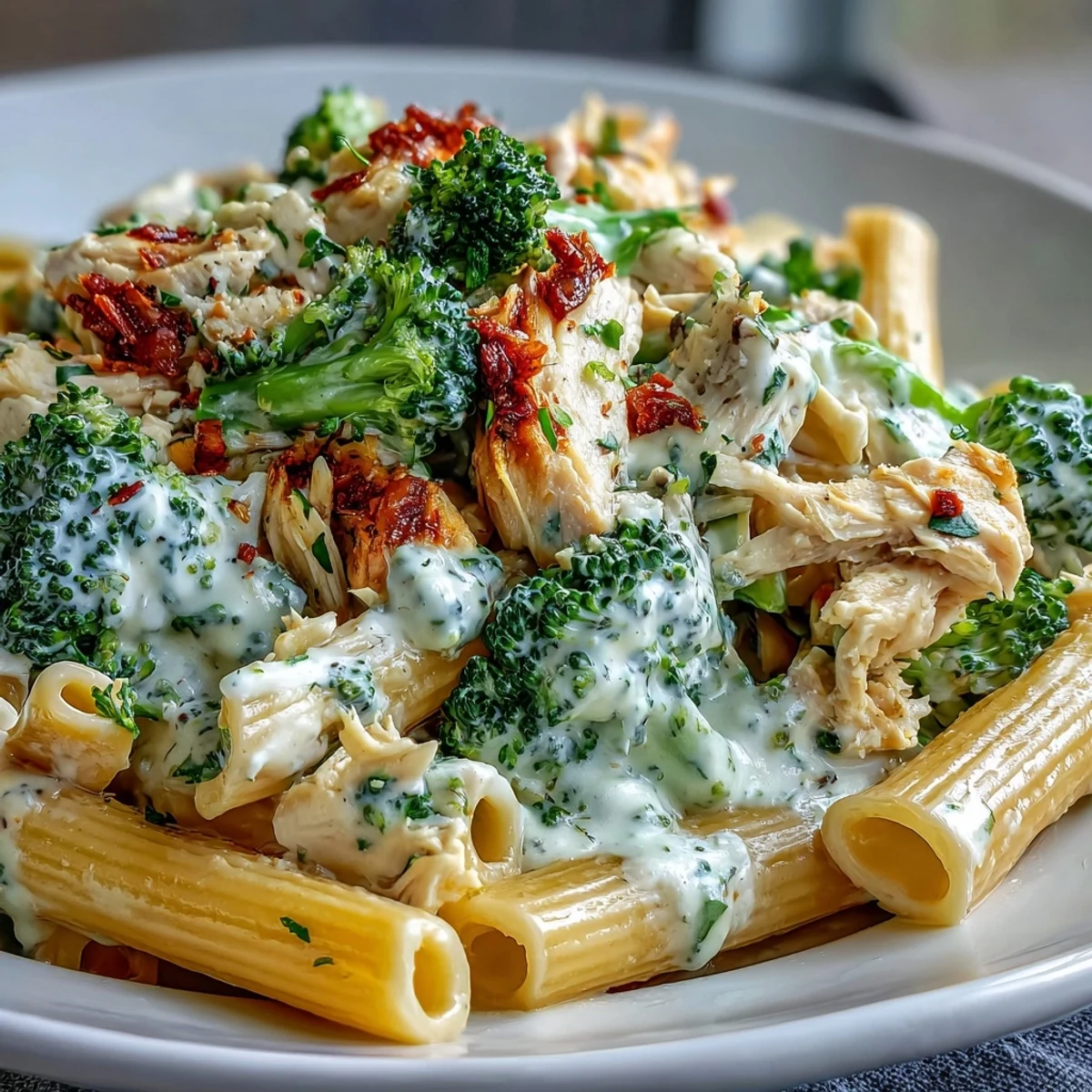 A close-up of High Protein Rotisserie Chicken Broccoli Pasta in a skillet, with bright green broccoli florets and juicy shredded chicken coated in a creamy white sauce.