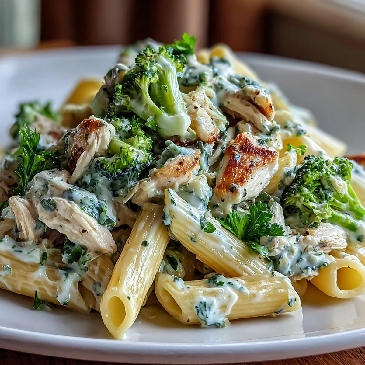 A spoon lifting a portion of High Protein Rotisserie Chicken Broccoli Pasta, revealing the creamy Greek yogurt sauce clinging to whole-wheat penne, broccoli, and tender chicken.