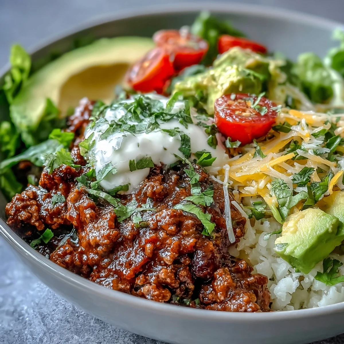 Seasoned ground beef and cauliflower rice layered with crisp romaine, avocado, and cheddar in a Low Carb Burrito Bowl.