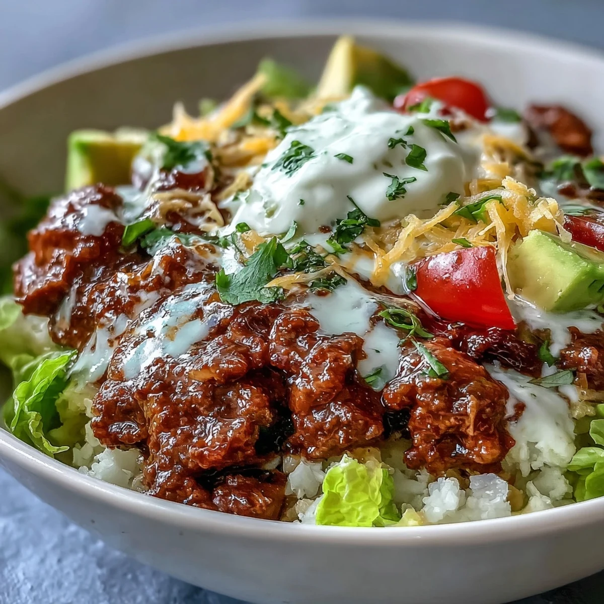 Sizzling beef and cauliflower rice mingle with tomatoes and avocado in this colorful Low Carb Burrito Bowl served for dinner.