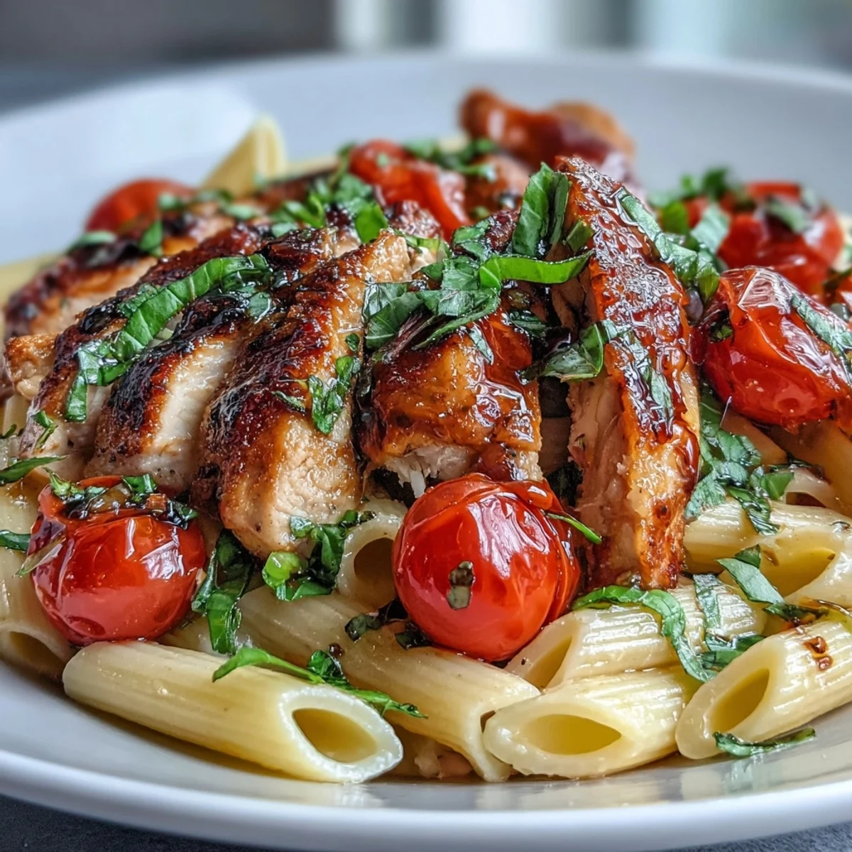 Golden-seared chicken slices and juicy cherry tomatoes in Bruschetta Chicken Pasta, garnished with fresh basil and mozzarella.