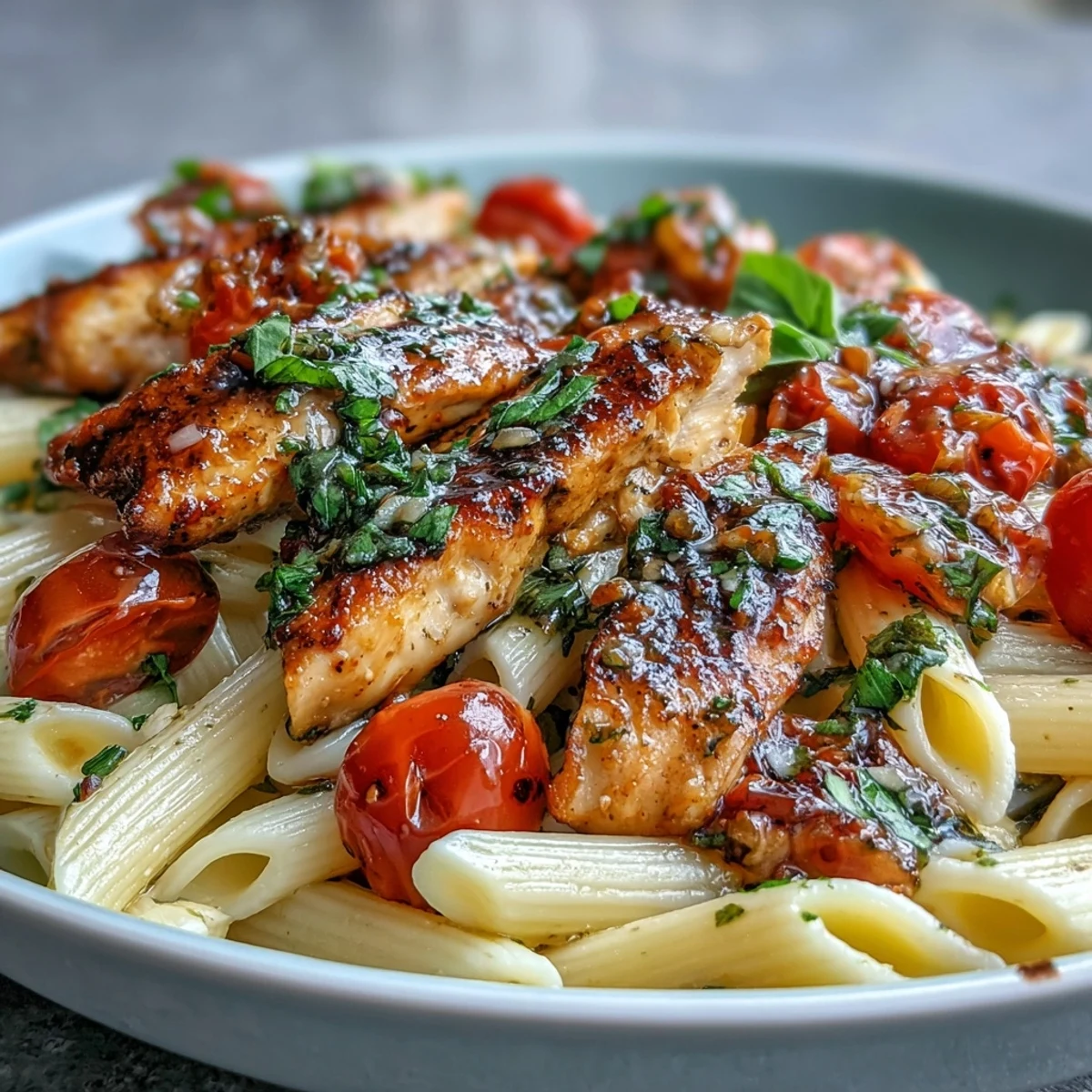 A skillet of Bruschetta Chicken Pasta topped with Parmesan, fresh herbs, and a drizzle of olive oil.