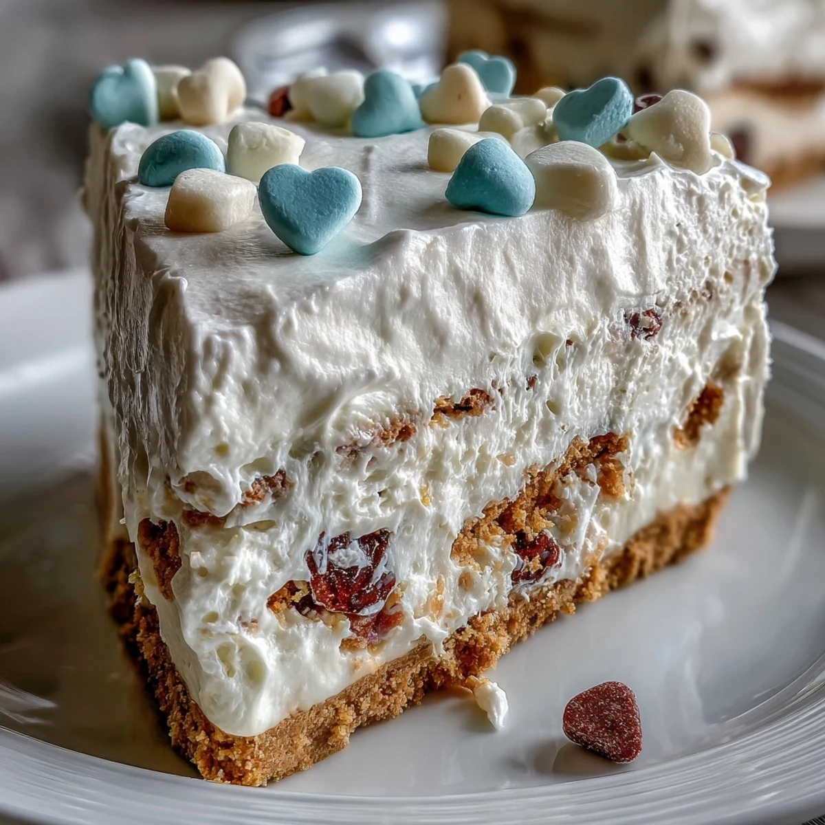 Creamy no-bake Candy Hearts Fake Cake on a graham cracker crust, topped with pink whipped frosting and crunchy pastel hearts.