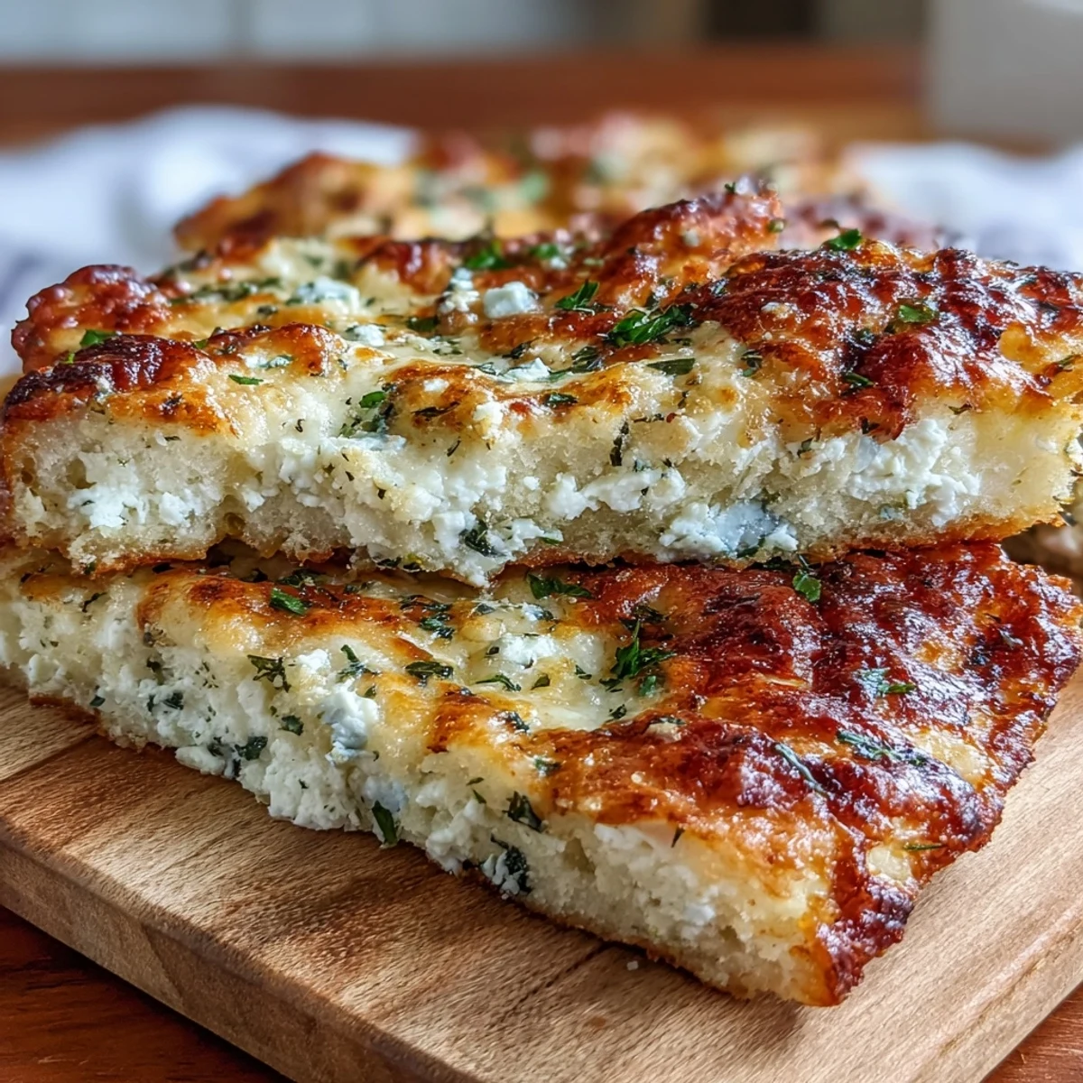 Golden-brown Fluffy Cottage Cheese Flatbreads bubbling in a skillet, with fresh herbs and a drizzle of olive oil for a savory homemade lunch. 