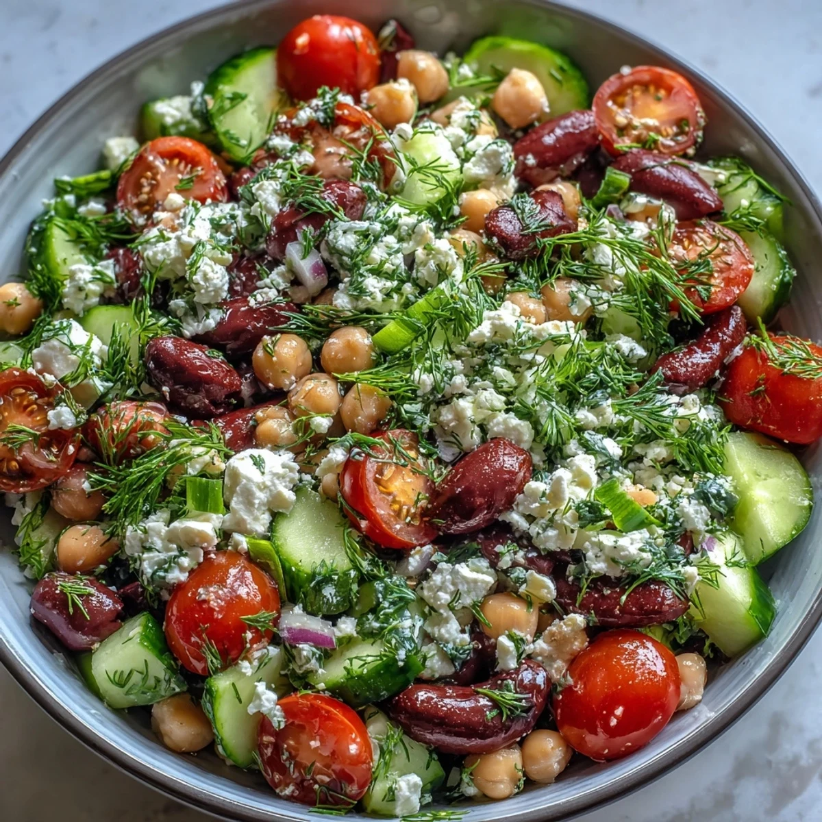 A vibrant bowl of Greek Bean Salad featuring marinated beans, crisp cucumber, sweet tomatoes, and creamy feta cheese.