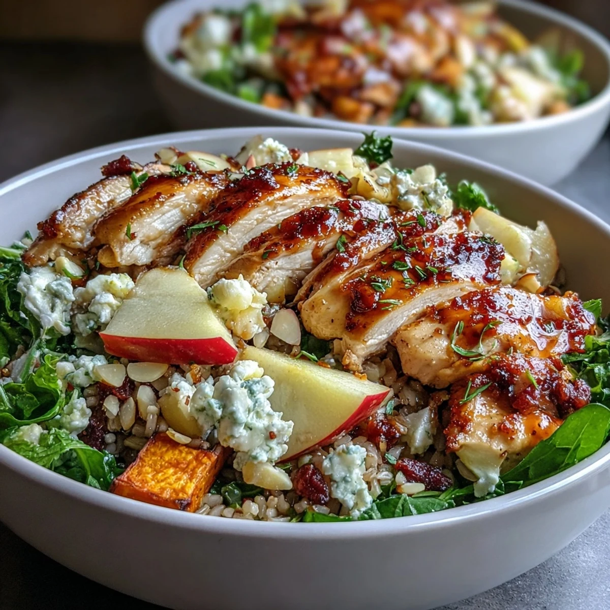 A gluten-free Harvest Bowl showcasing hearty kale, creamy goat cheese crumbles, and a tangy balsamic dressing, ideal for meal prepping or a healthy family dinner.
