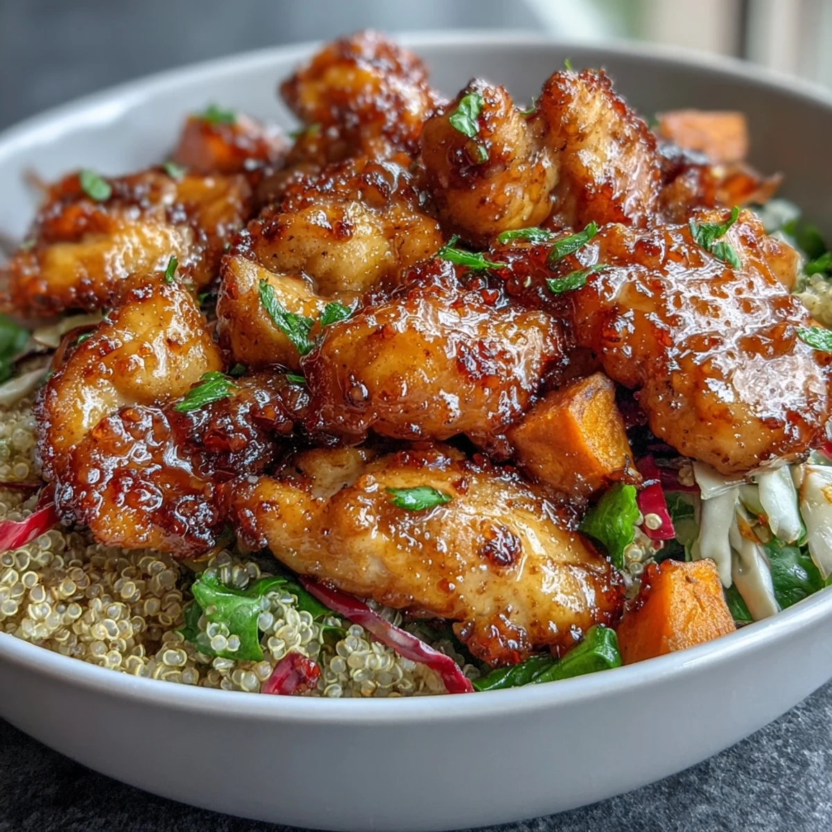 Hot Honey Chicken Bowl with spiced chicken and caramelized sweet potatoes served over fluffy quinoa.