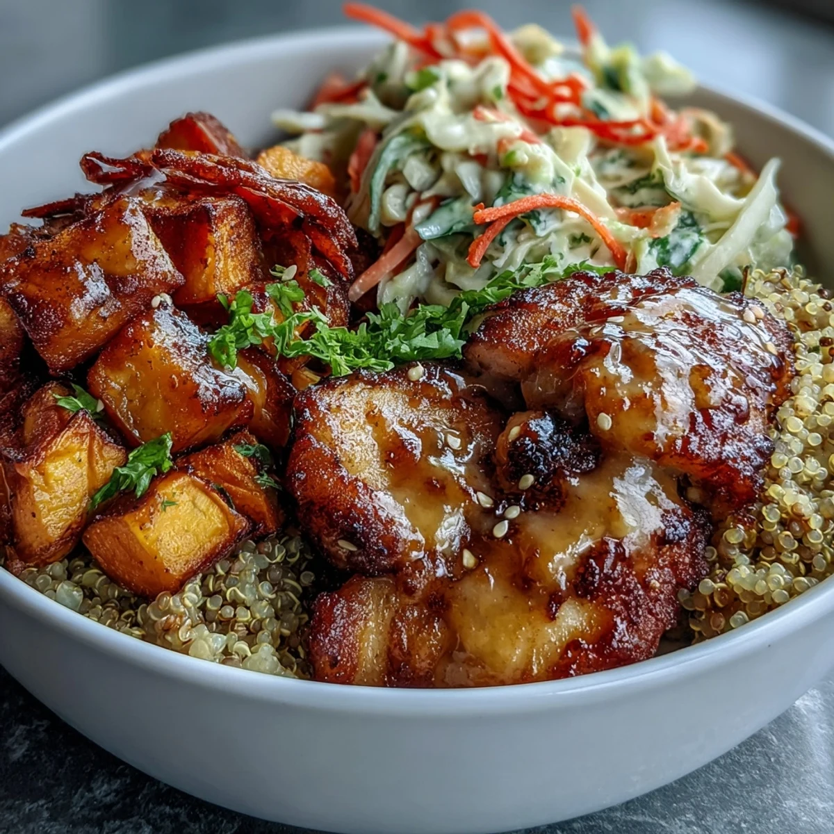 Colorful red cabbage slaw and tangy hot honey mustard dressing top this nourishing bowl.