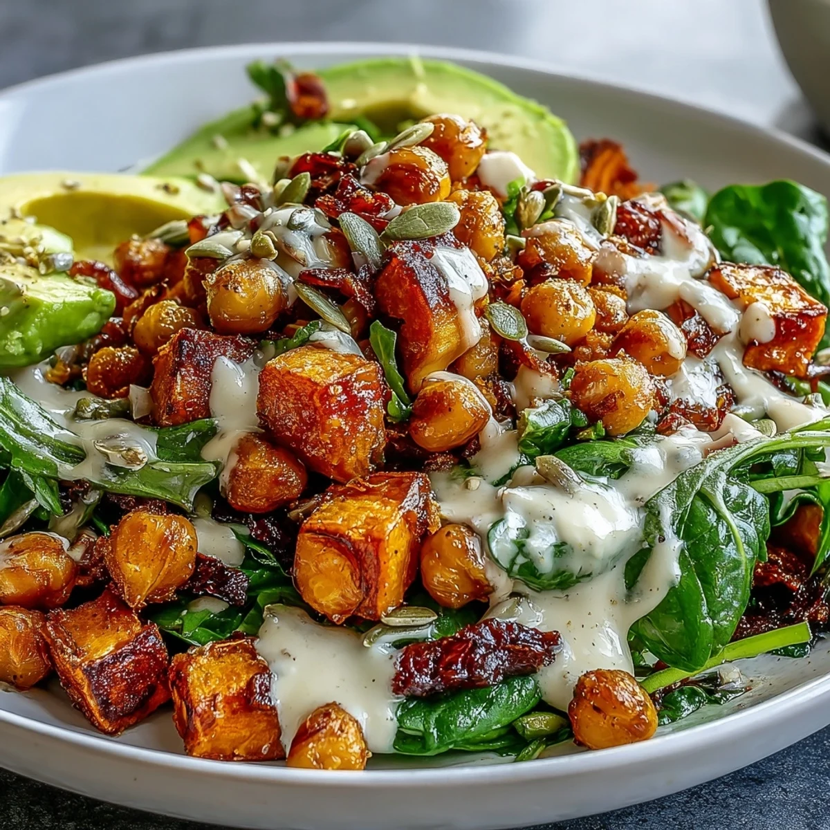 Roasted Sweet Potato and Chickpea Bowl with smoky chipotle tahini, avocado, and fresh cilantro on a rustic table.