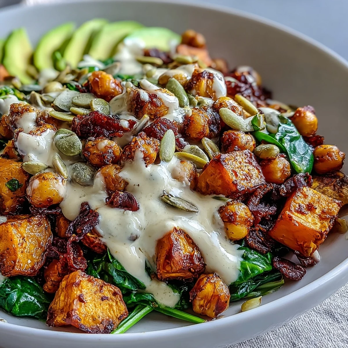 Golden roasted sweet potatoes and crispy chickpeas over spinach in a Roasted Sweet Potato and Chickpea Bowl.