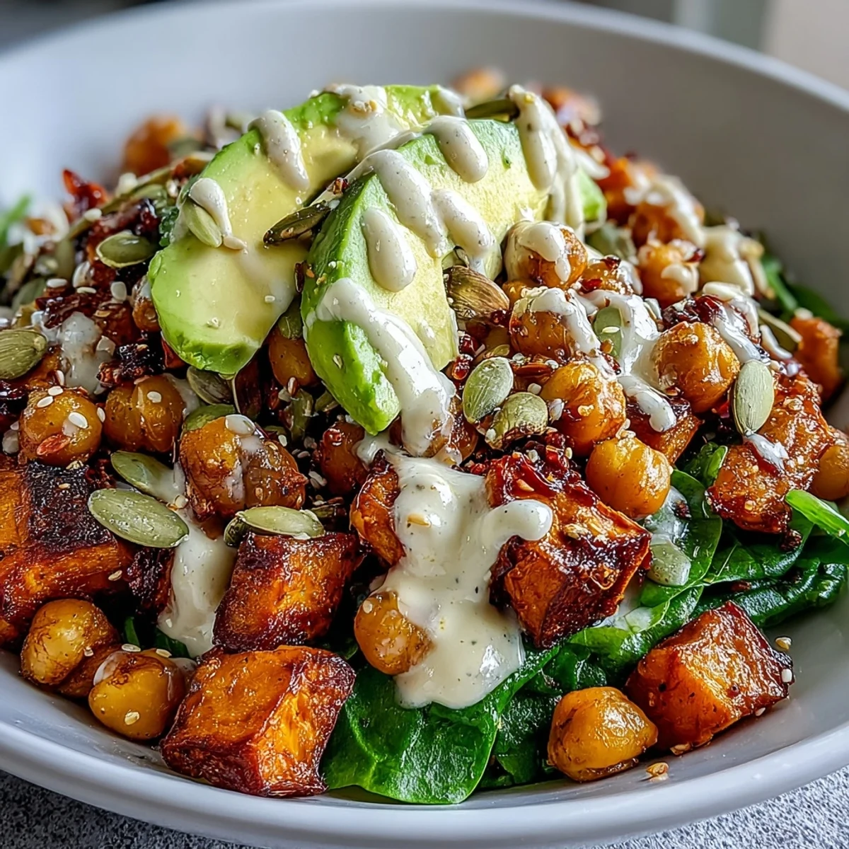 Drizzled with smoky chipotle tahini, this Roasted Sweet Potato and Chickpea Bowl features avocado slices and toasted pumpkin seeds.