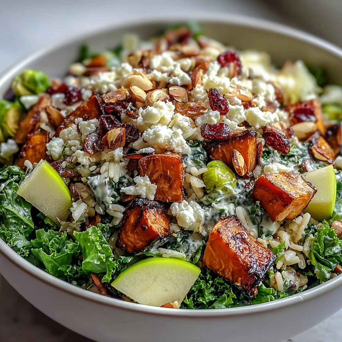 Plated Fall Harvest Bowl with roasted sweet potatoes, Brussels sprouts, and kale for a wholesome autumn meal.