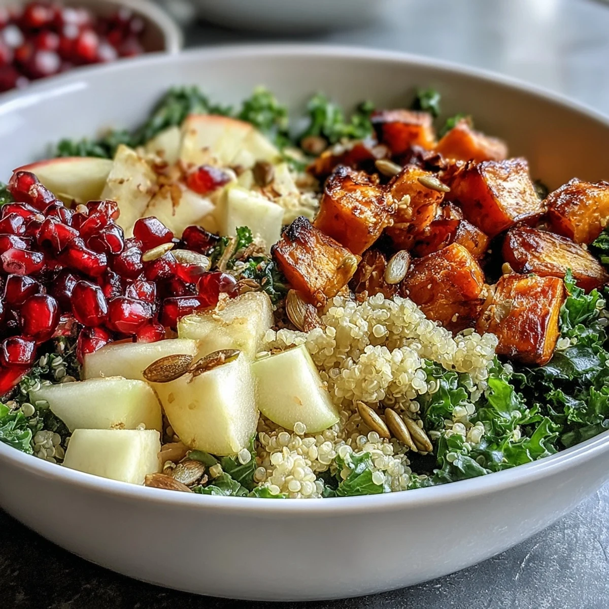 Serve this fresh Kale Harvest Grain Bowl with a tangy maple-Dijon dressing over a colorful base of greens and grains.