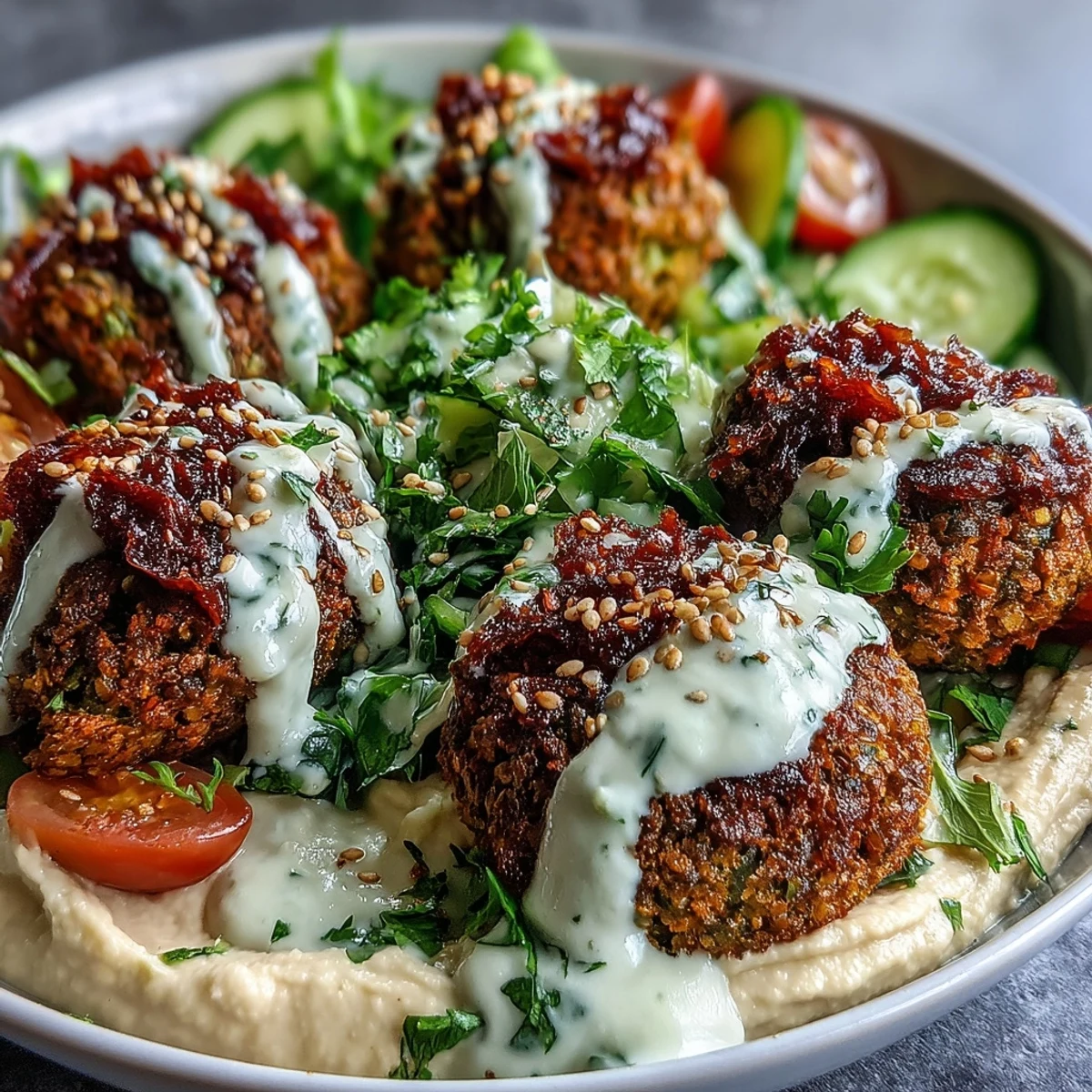 Freshly fried falafel balls rest on creamy hummus and tangy tzatziki, topped with crisp greens and cherry tomatoes in a vibrant bowl. 