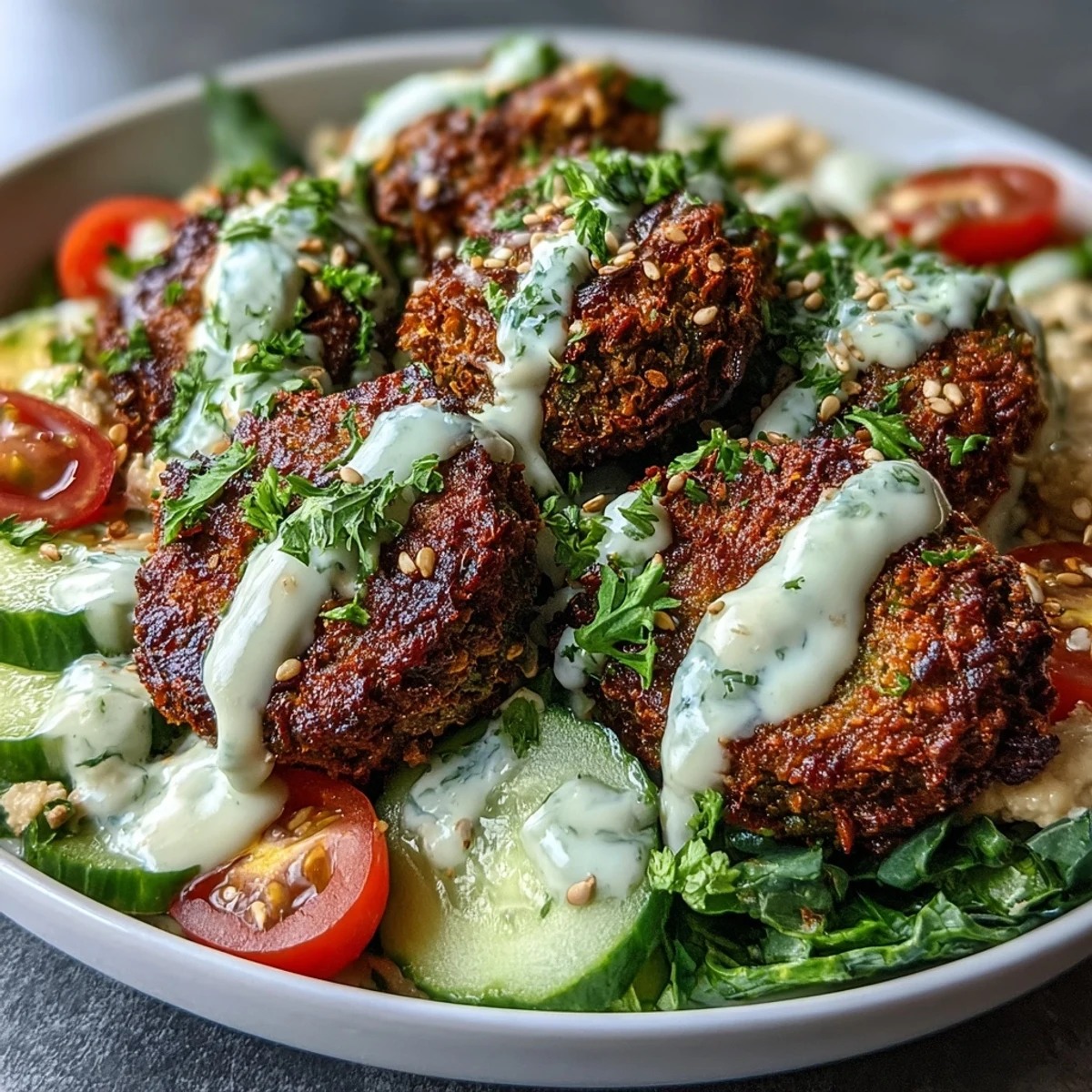 A close-up of a Mediterranean Falafel Bowl drizzled with tahini, garnished with parsley, sesame seeds, and a bright lemon wedge. 