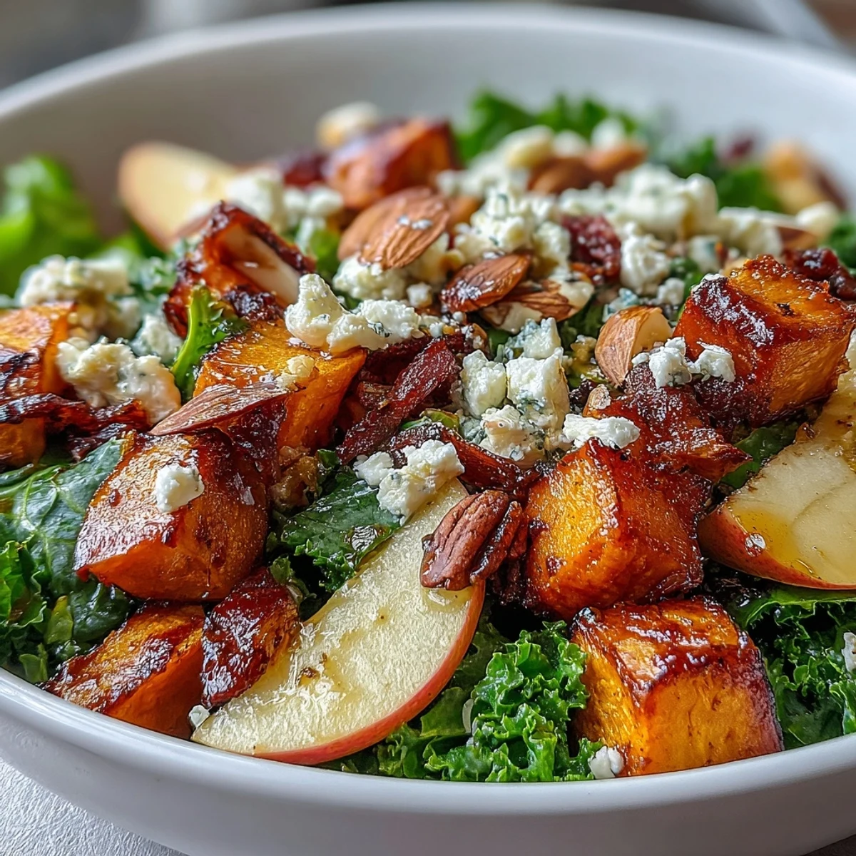 Golden roasted chicken and caramelized sweet potatoes top a vibrant Fall Sweet Potato Harvest Bowl with kale, apples, and almonds.